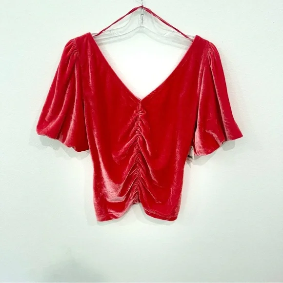 NWT Free People Cupcake Hot Pink Velvet Puff Sleeve Top - Picture 2 of 12